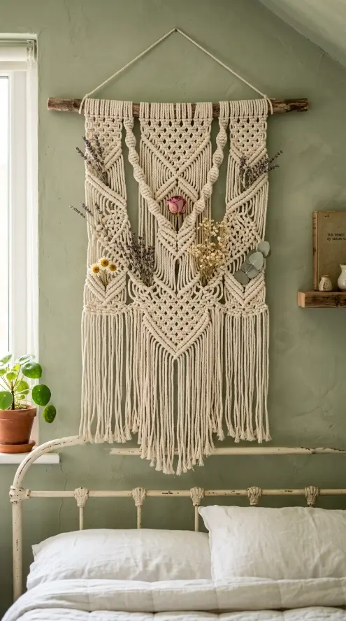 32 Cute Room Ideas for a Dreamy Cottagecore Bedroom 22 22. Cottagecore Macramé Wall Hanging with Dried Flowers