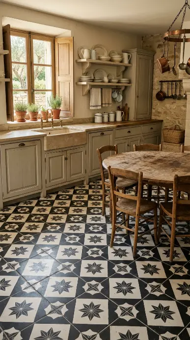 26 Kitchen Flooring Ideas for Farmhouse Black White Encaustic 22 22. Encaustic Floor With Antique French Country Influence