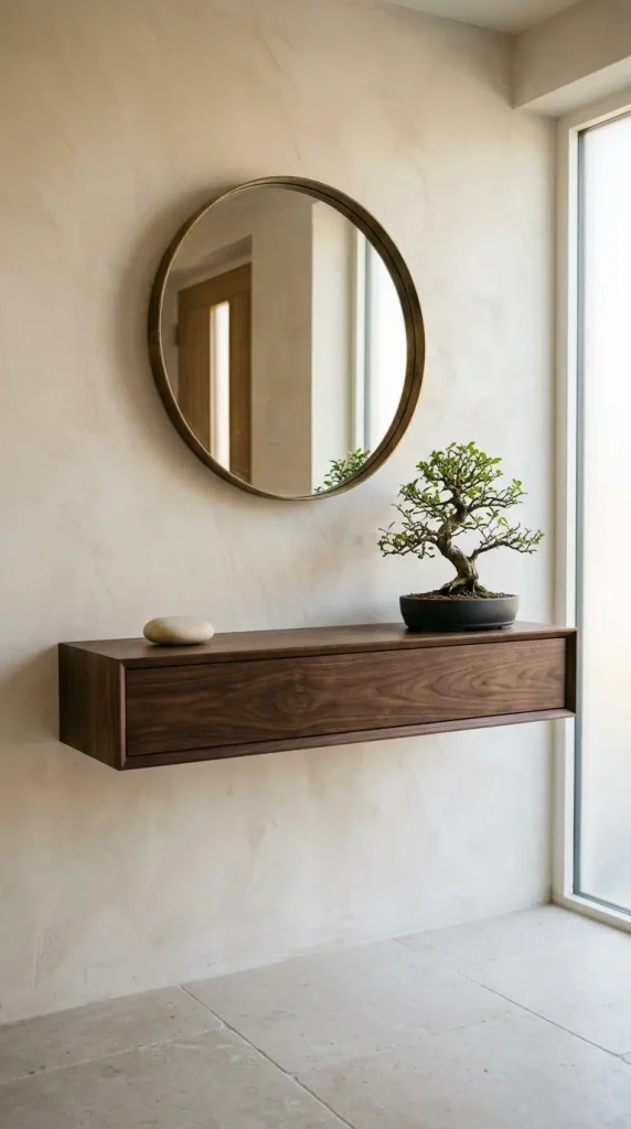 31 Entryway Console Table Ideas Modern Minimal Floating 22 22. Floating Console in a Japandi Entryway