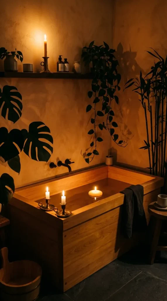 30 Bathroom Plants Decor Japandi Minimal Hinoki Tub Style 22 22. Japandi Bathroom at Night — Candlelight and Plants