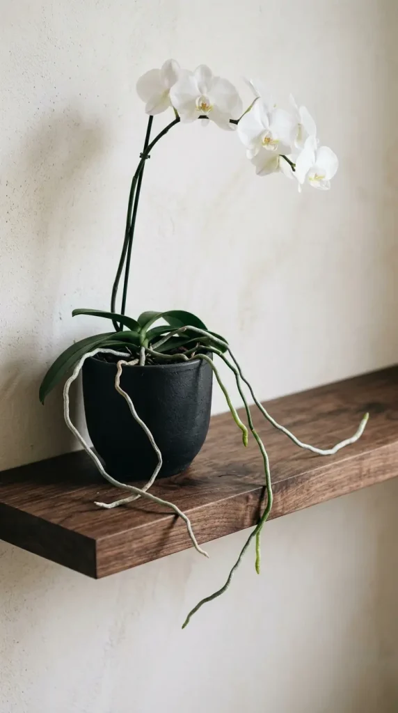 26 Bathroom Shelf Plants Decor Japandi Orchid Minimal 22 22. Minimal Japandi Shelf — Orchid With Exposed Aerial Roots