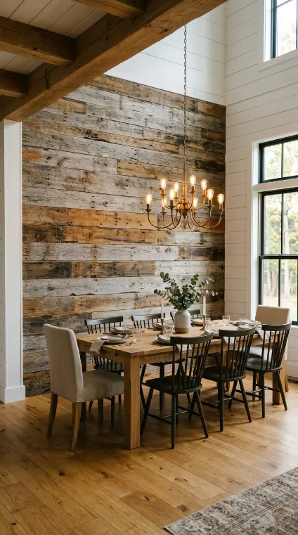 30 Modern Farmhouse Interior Design Seamless Floor Open Plan 22 22. Modern Farmhouse — Reclaimed Wood Accent Feature