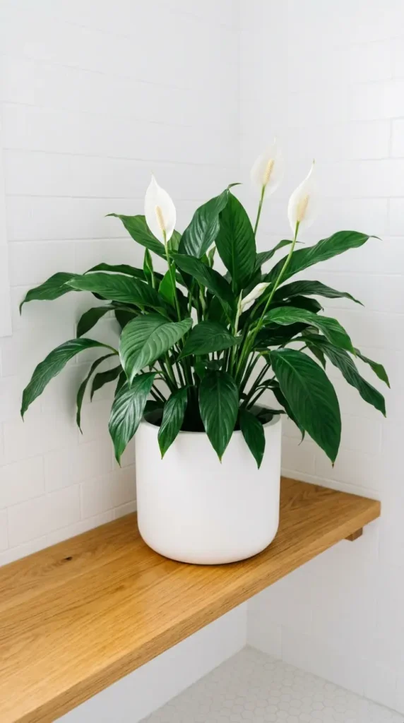 28 Minimal Bathroom Plants Decor Inspiration Oak White Style 22 22. Oak Shelf with White Ceramic and Peace Lily