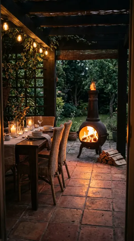 26 Outdoor Patio Ideas With a Cozy Pergola Dining Setup 22 22. Pergola Dining Patio With an Outdoor Fireplace or Chiminea