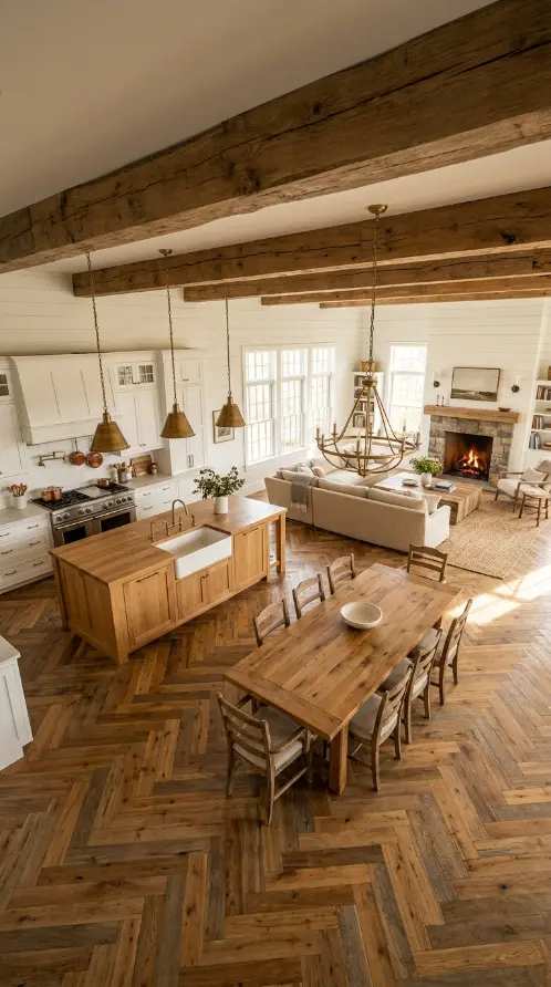 25 Kitchen Flooring Ideas for Farmhouse Herringbone Reclaimed 22 22. Reclaimed Herringbone in a Large Open Plan Farmhouse Kitchen