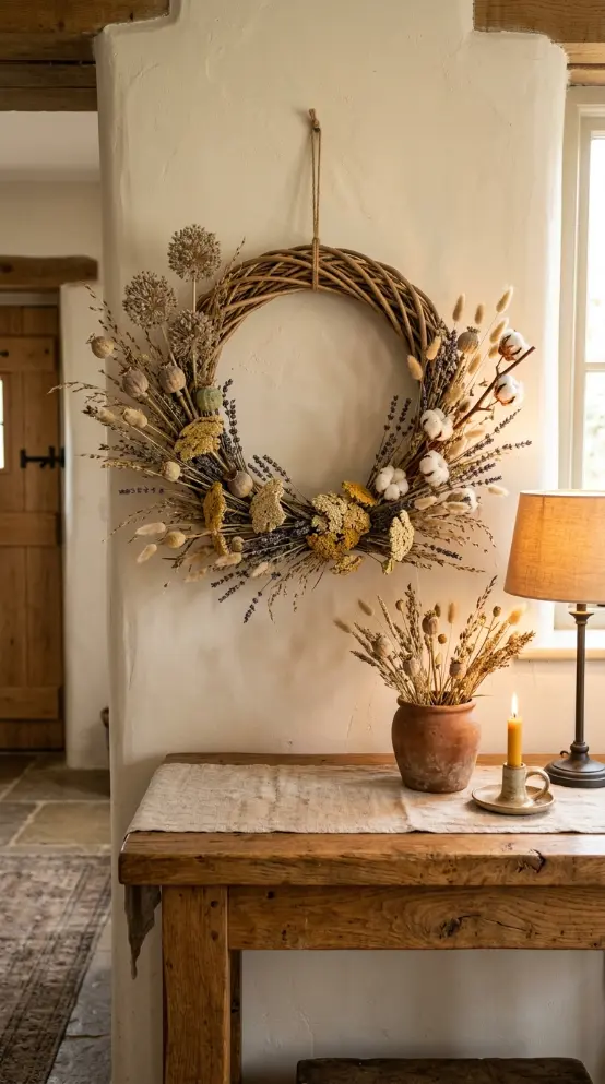 26 Console Table Styling Reclaimed Wood Rustic Farmhouse 22 22. Reclaimed Wood Console With a Homemade Wreath Above