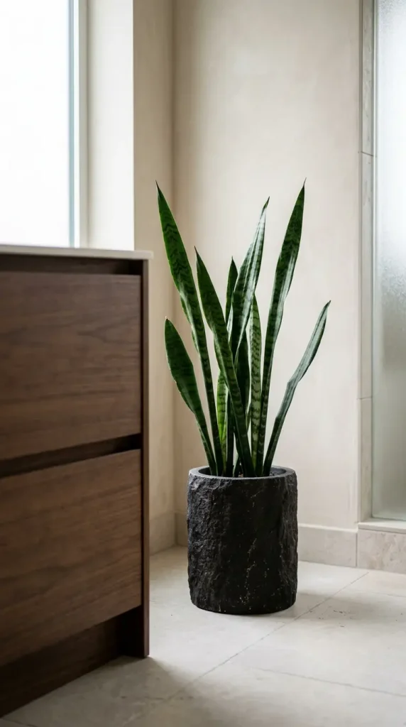 24 Modern Bathroom Plant Aesthetic Japandi Bonsai Minimal 22 22. Snake Plant in a Tall Dark Stone Vessel