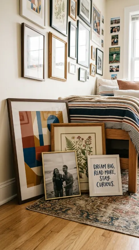 26 Dorm Bed Inspo Maximalist Gallery Wall Twin XL Style 22 22. The Floor-Level Floating Frame Lean Cluster — Ground-Up Density Extension