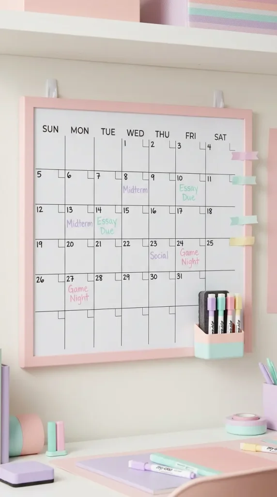 24 College Bedroom Ideas Pastel Girly Aesthetic Dreamy Style 22 22. The Pastel Command Center Whiteboard Calendar — Functional Academic Organization
