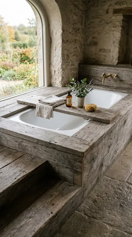 24 Rustic Bathtub Tray Ideas with Reclaimed Farmhouse Wood 22 22. The Reclaimed Wood Tray Over a Sunken or In-Floor Tub — Architectural Integration