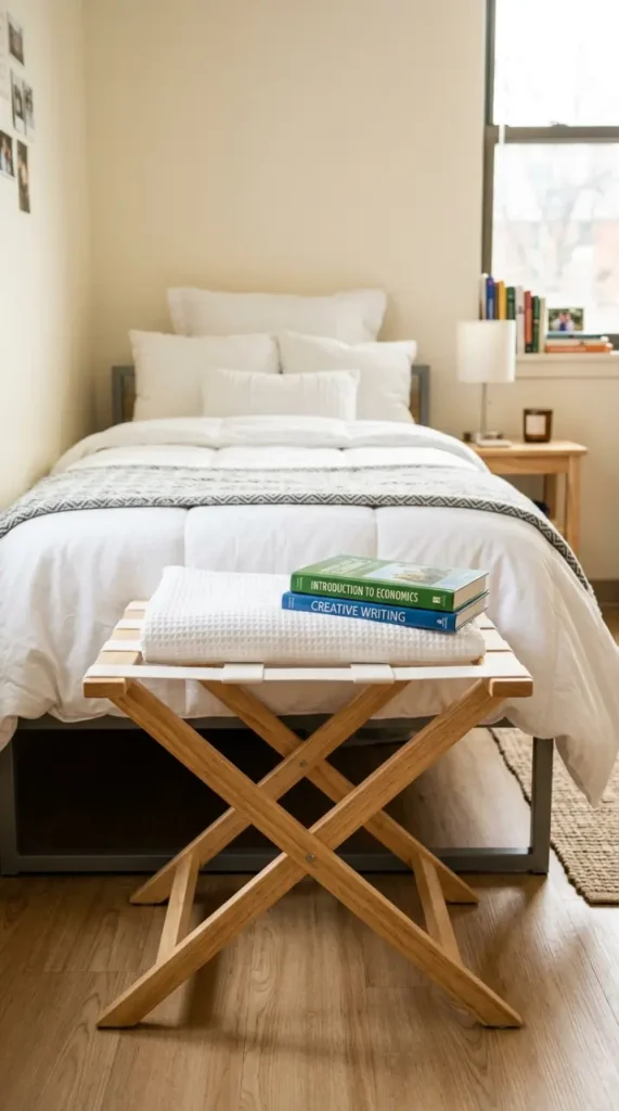 24 Dorm Bedding Ideas Clean White Minimal Luxe Hotel Style 22 22. The Stacked Hotel-Style Luggage Rack as Bench — Multi-Function Furniture Borrow