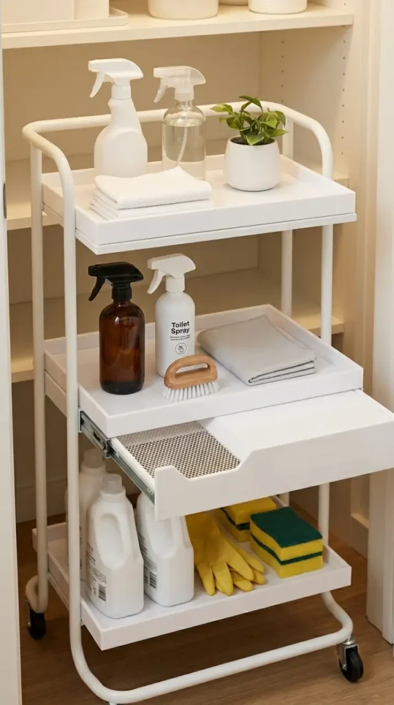 27 Cleaning Closet Organization Tiered Rolling Cart Ideas 22 22. Tray Liners on Cart Tiers — Protecting and Defining the Surface