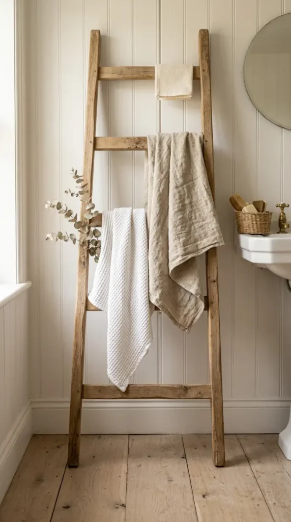 26 Light Wood Flooring for Farmhouse Wire-Brushed Oak Bath 22 22. Wire-Brushed Oak Floor With a Timber Ladder Towel Rail