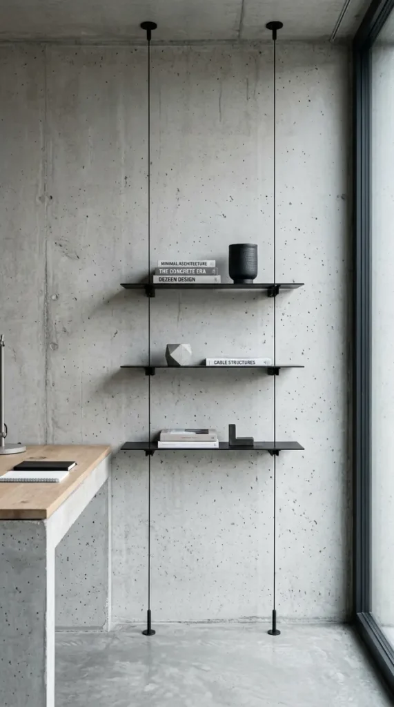 24 Home Office Inspiration Modern Minimal Concrete Steel 23 23. A Single Steel Cable Tension Wire Shelf System