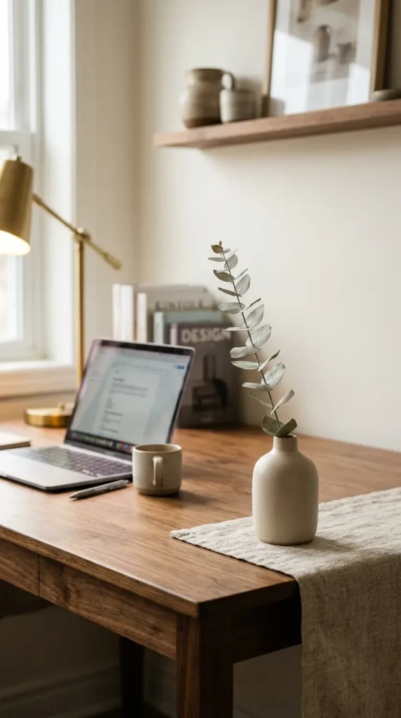 26 Cozy Home Office Warm Wood Linen Neutral Style Ideas 23 23. A Small Ceramic Vase With a Single Seasonal Stem