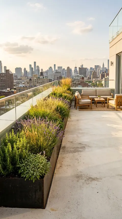 26 Minimal Outdoor Living Space Design for a Rooftop Terrace 23 23. Elevated Garden Bed Along Parapet Wall
