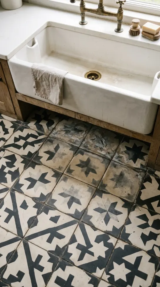 26 Kitchen Flooring Ideas for Farmhouse Black White Encaustic 23 23. Encaustic Floor Detail at the Belfast Sink — Water and Wear
