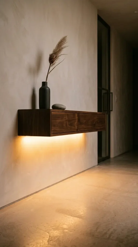31 Entryway Console Table Ideas Modern Minimal Floating 23 23. Floating Console With Concealed Lighting From Below