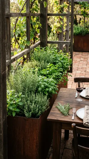 26 Outdoor Patio Ideas With a Cozy Pergola Dining Setup 23 23. Herbs and Edible Plants Growing Within the Pergola Zone