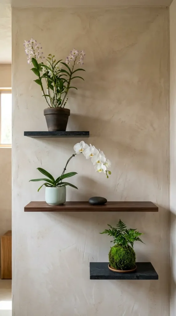 26 Bathroom Shelf Plants Decor Japandi Orchid Minimal 23 23. Japandi Bathroom Multi-Shelf — Three Shelves One Wall