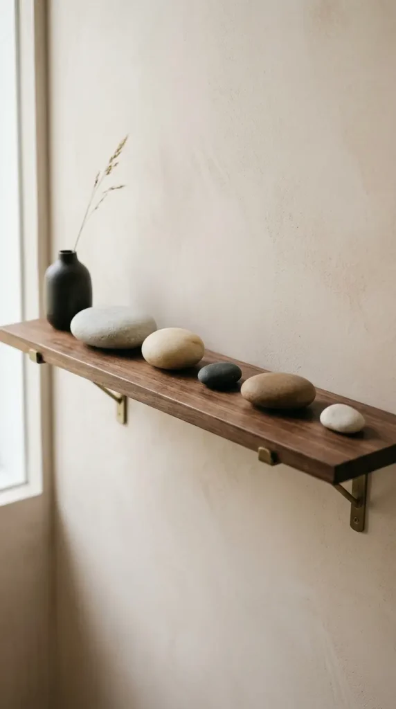 24 Modern Bathroom Plant Aesthetic Japandi Bonsai Minimal 23 23. Japandi Bathroom Shelf Styled With Smooth River Stones