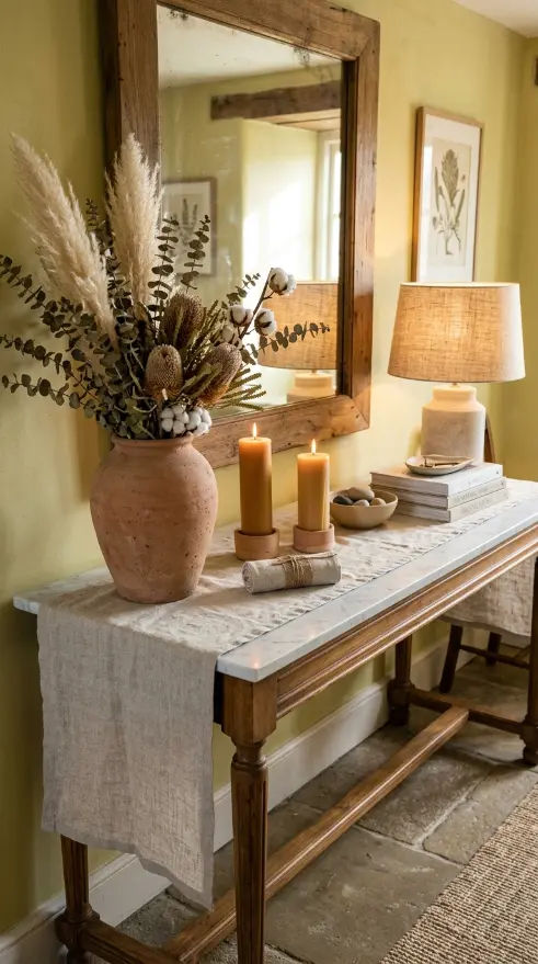 26 Entryway Console Table Ideas Traditional Marble Top 23 23. Marble Top Console With Natural Linen and Organic Textural Styling