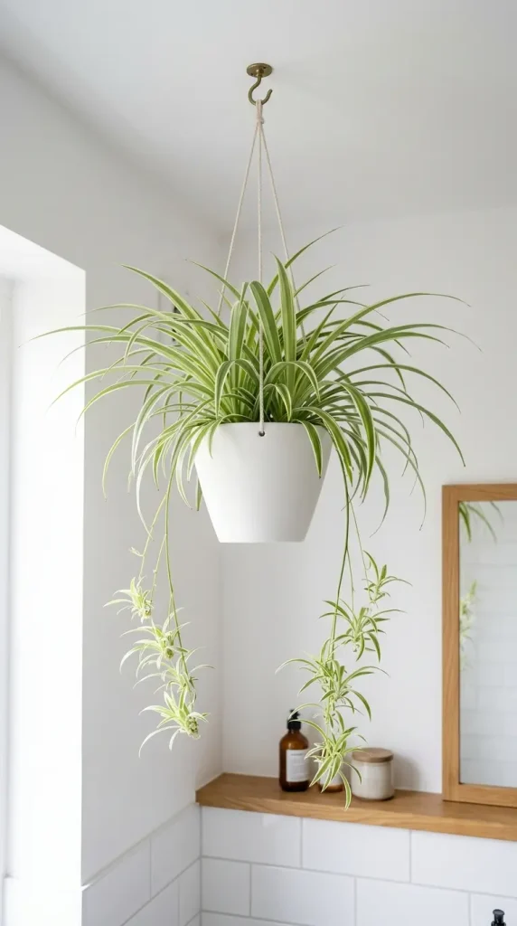 28 Minimal Bathroom Plants Decor Inspiration Oak White Style 23 23. Minimal Oak and White — Spider Plant in White Hanging Planter