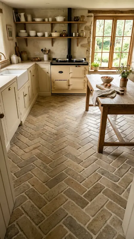 25 Kitchen Flooring Ideas for Farmhouse Herringbone Reclaimed 23 23. Reclaimed Herringbone with Lime Mortar Joints — Old Tile Character