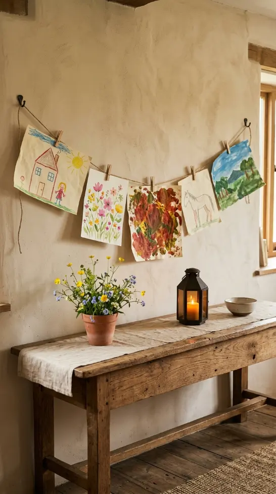 26 Console Table Styling Reclaimed Wood Rustic Farmhouse 23 23. Reclaimed Wood Console With Children's Farmhouse Art Display