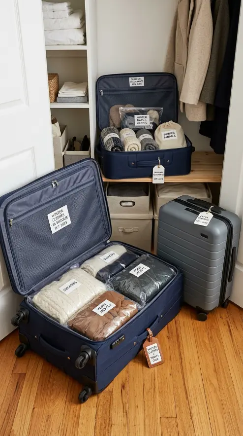 25 Small Storage Closet Organization Tiny Apartment Ideas 23 23. Suitcase as Storage — Travel Luggage Inside Closets