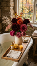 24 Romantic Bathtub Caddy Decor Ideas Garden Cottage Floral 23 23. The Autumn Cottage Garden Caddy — Dahlias and Late Season Roses
