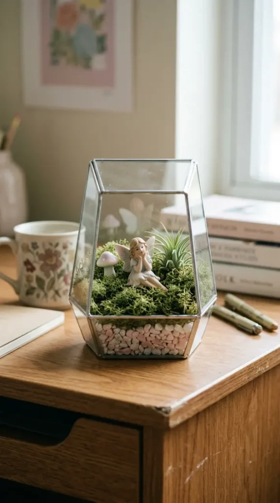 24 College Bedroom Ideas Pastel Girly Aesthetic Dreamy Style 23 23. The Pastel Fairy Garden Terrarium Desk Accent — Miniature Whimsical World