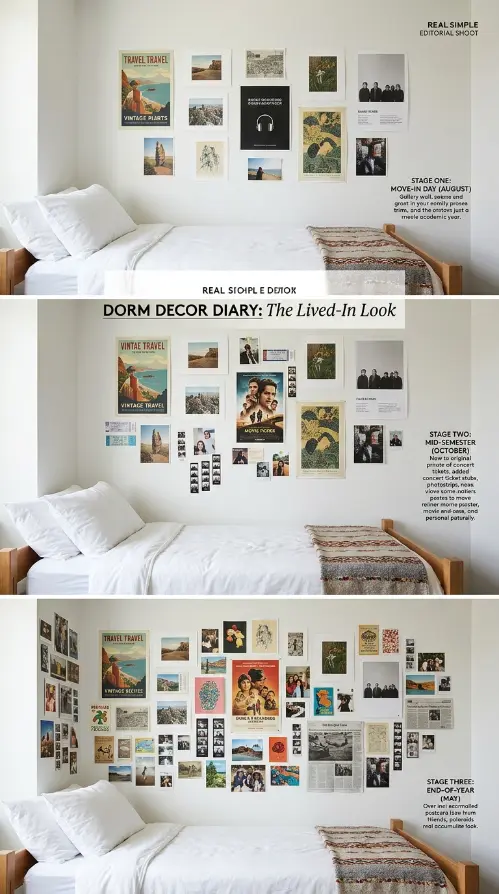 26 Dorm Bed Inspo Maximalist Gallery Wall Twin XL Style 23 23. The Seasonal Wall Rotation Strategy — Evolving Density Over the Academic Year