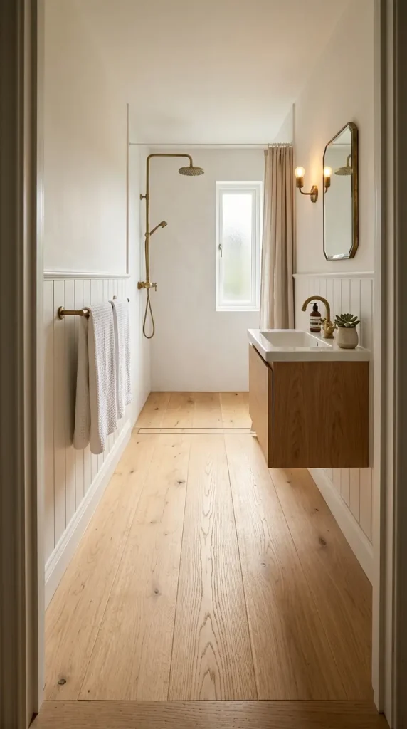 26 Light Wood Flooring for Farmhouse Wire-Brushed Oak Bath 23 23. Wire-Brushed Oak Floor in a Narrow Ensuite — Maximum Warmth in Minimum Space