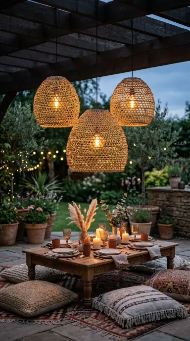 28 Outdoor Patio Ideas for a Boho Layered Living Room 23 23. Woven Pendant Lights Over the Outdoor Dining Zone