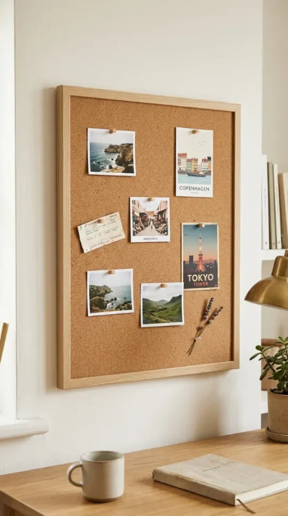 26 Cozy Home Office Warm Wood Linen Neutral Style Ideas 24 24. A Wood-Framed Cork Map or Travel Pinboard for Personal Touch