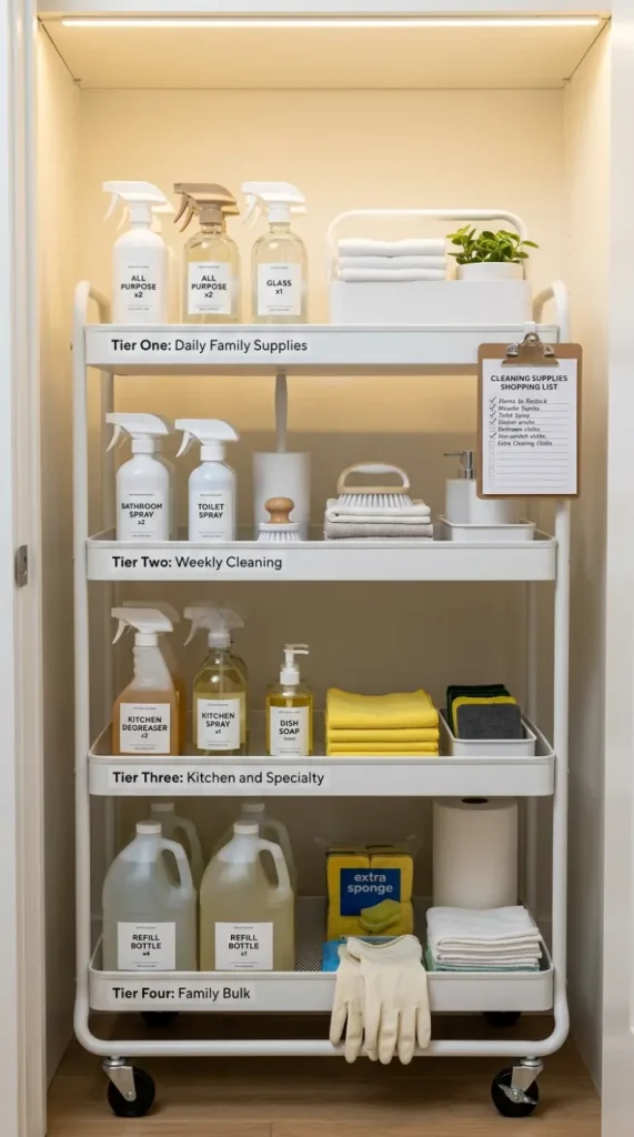 27 Cleaning Closet Organization Tiered Rolling Cart Ideas 24 24. Cleaning Cart for a Large Family — High Capacity Multi-Person System