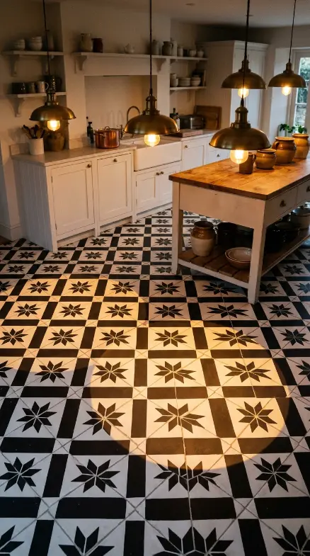 26 Kitchen Flooring Ideas for Farmhouse Black White Encaustic 24 24. Encaustic Floor With Pendant Lighting — Pattern in Light and Shadow