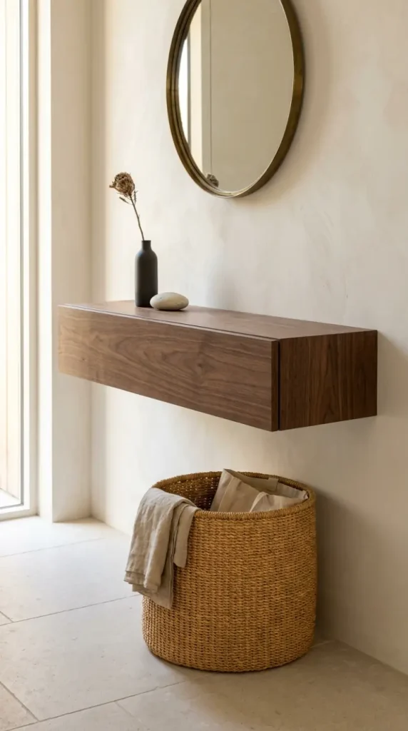 31 Entryway Console Table Ideas Modern Minimal Floating 24 24. Floating Console With a Woven Basket Below