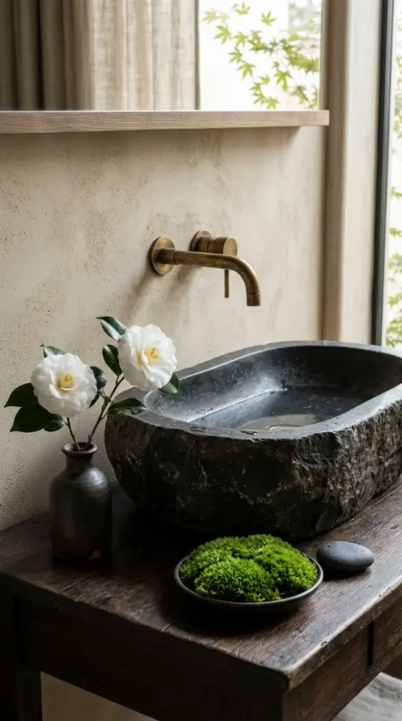 30 Bathroom Plants Decor Japandi Minimal Hinoki Tub Style 24 24. Japandi Bathroom Stone Trough Basin with Moss