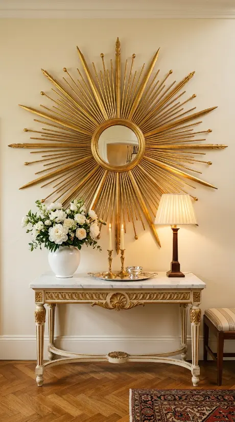 26 Entryway Console Table Ideas Traditional Marble Top 24 24. Marble Top Console With a Large Sunburst or Starburst Mirror
