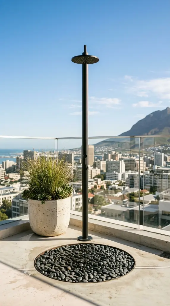 26 Minimal Outdoor Living Space Design for a Rooftop Terrace 24 24. Minimal Outdoor Shower on Rooftop Terrace