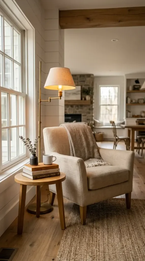30 Modern Farmhouse Interior Design Seamless Floor Open Plan 24 24. Modern Farmhouse Living Zone — Reading Chair and Floor Lamp