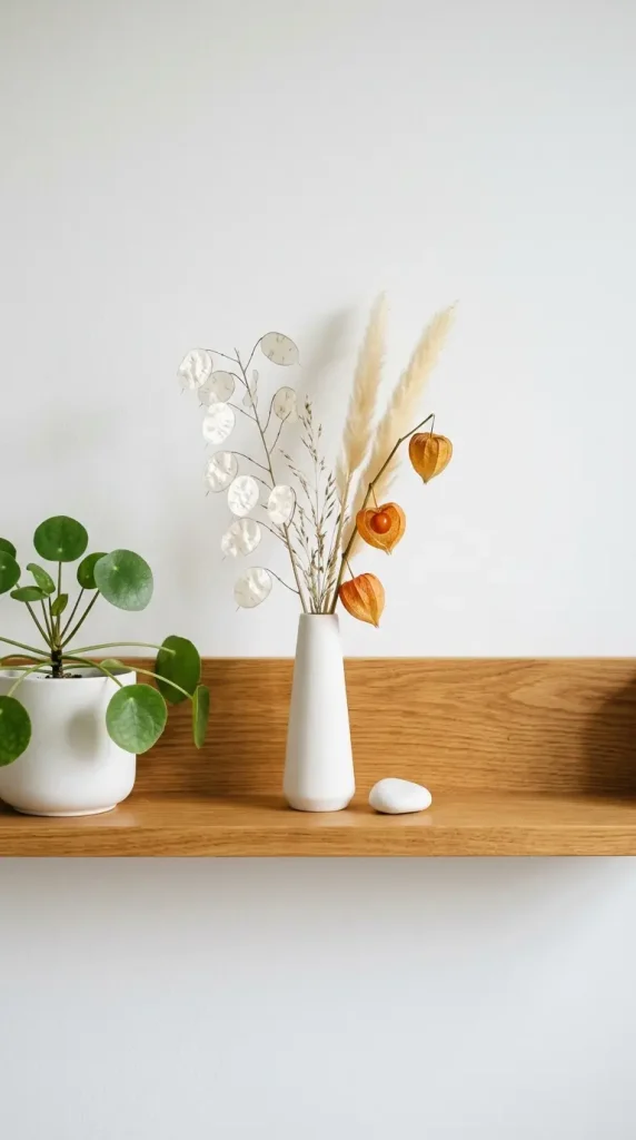 28 Minimal Bathroom Plants Decor Inspiration Oak White Style 24 24. Oak Bathroom Shelf — Autumn Botanical Arrangement