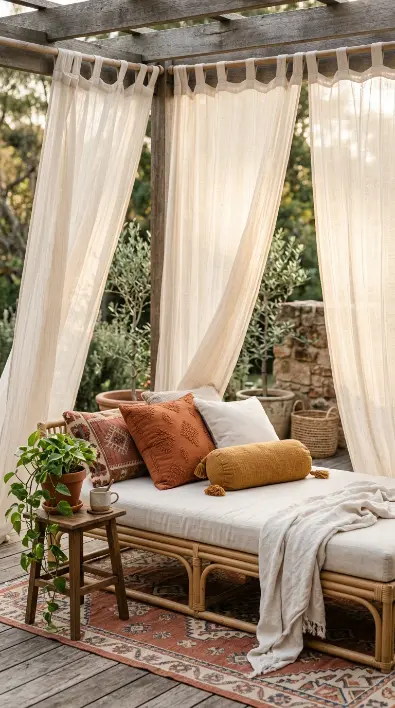 28 Outdoor Patio Ideas for a Boho Layered Living Room 24 24. Outdoor Boho Reading Nook With Day Bed and Curtains