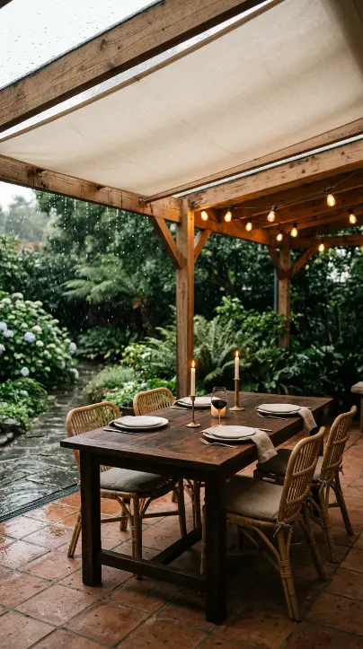 26 Outdoor Patio Ideas With a Cozy Pergola Dining Setup 24 24. Pergola Dining Patio Flooded With Rain — The Covered Outdoor Room