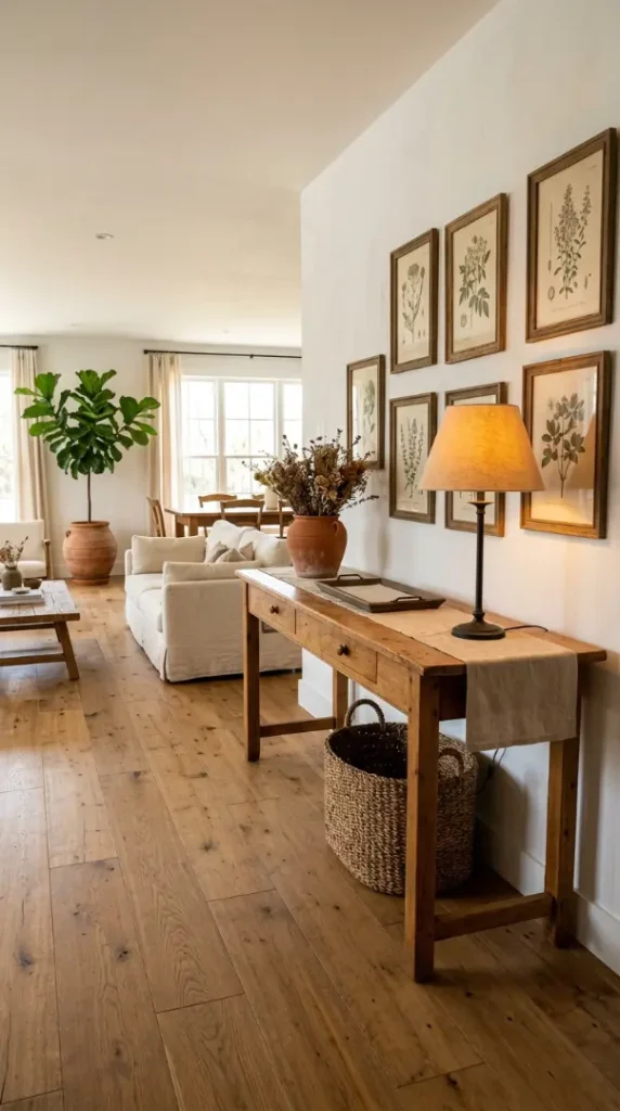 26 Console Table Styling Reclaimed Wood Rustic Farmhouse 24 24. Reclaimed Wood Console in an Open Plan Farmhouse Space — Room Context