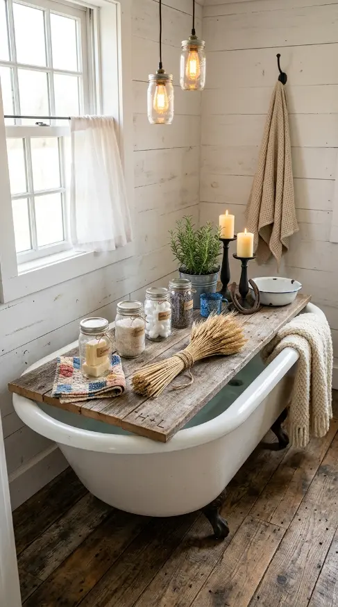 24 Rustic Bathtub Tray Ideas with Reclaimed Farmhouse Wood 24 24. The Complete Reclaimed Farmhouse Bathroom — Every Element Together