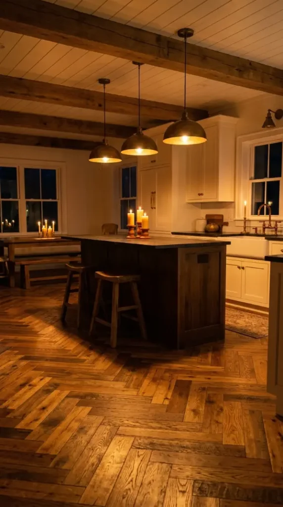 25 Kitchen Flooring Ideas for Farmhouse Herringbone Reclaimed 24 24. The Reclaimed Herringbone Kitchen at Night — Candlelight Detail