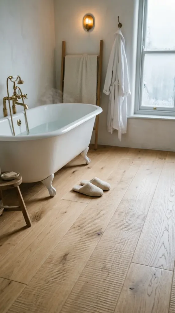 26 Light Wood Flooring for Farmhouse Wire-Brushed Oak Bath 24 24. Wire-Brushed Oak Floor With Underfloor Heating — Winter Warmth